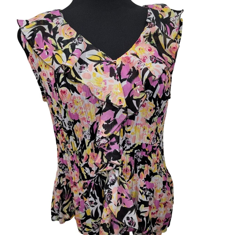 Notations Large Floral Crinkle Semi Sheer VNeck Ruffle Top Romantic Fairygoth
